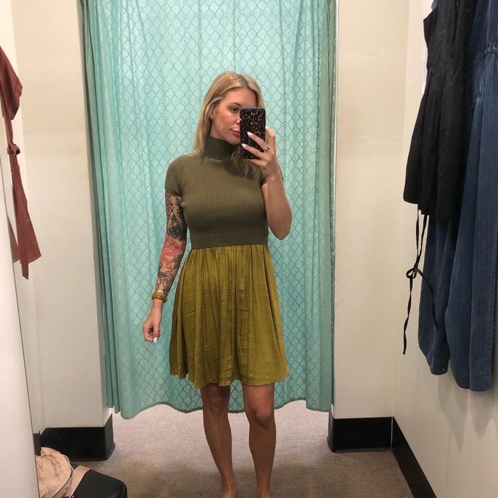 Anthropologie Olive Green Knit Top & Mustard Pleated Maxi Dress